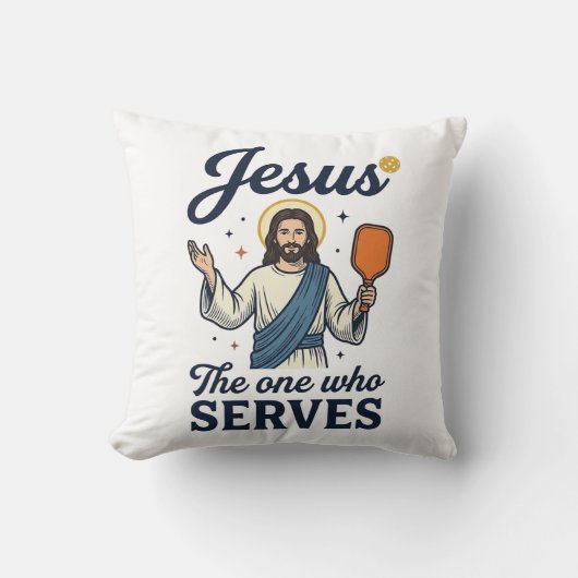 Jesus Pickleball サーブを打つ人Tシャツ クッション (正面)