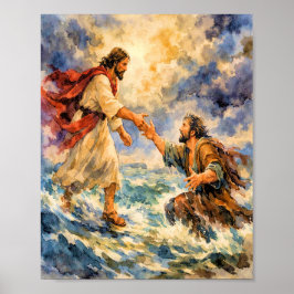 Jesus Rescuing Peter Christian Art Poster ポスター