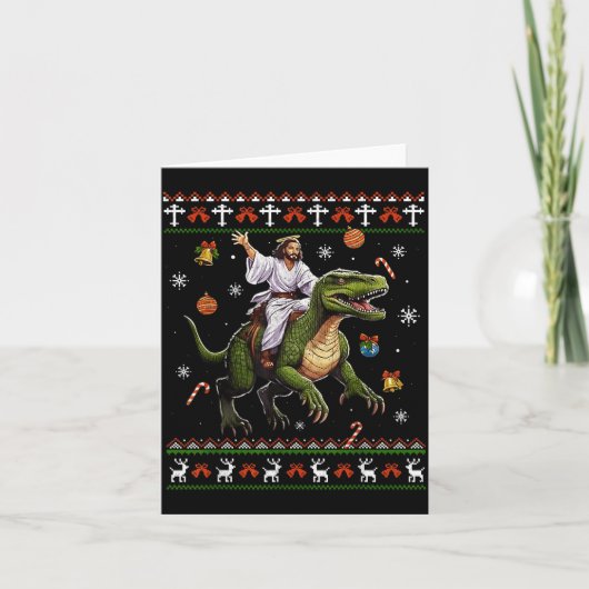 Jesus Riding Dinosaur Funny Meme Ugly Christmas Sw カード (正面)