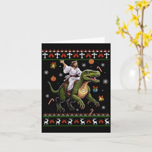 Jesus Riding Dinosaur Funny Meme Ugly Christmas Sw カード (黄色い花)