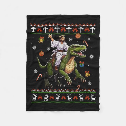 Jesus Riding Dinosaur Funny Meme Ugly Christmas Sw フリースブランケット (正面)