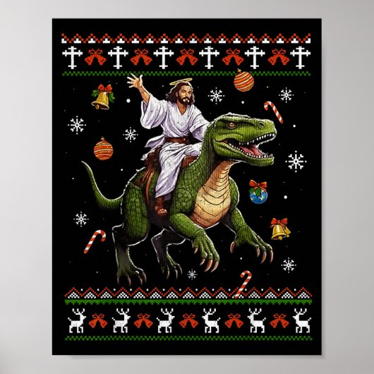 Jesus Riding Dinosaur Funny Meme Ugly Christmas Sw ポスター (正面)