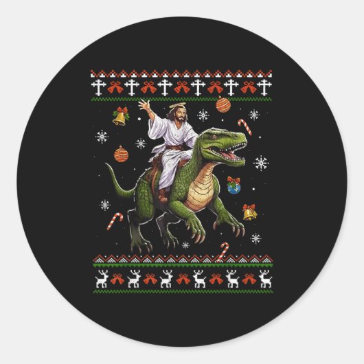 Jesus Riding Dinosaur Funny Meme Ugly Christmas Sw ラウンドシール (正面)