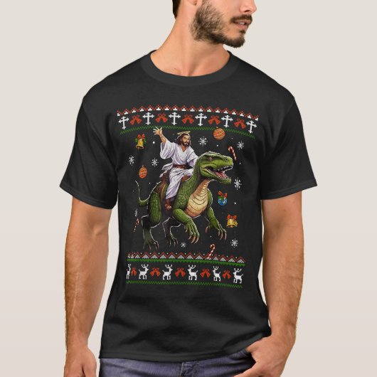 Jesus Riding Dinosaur Funny Meme Ugly Christmas Sw Tシャツ (正面)