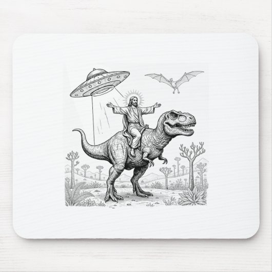 Jesus Riding Dinosaur T-rex Ufo Hunting Alien Sci- マウスパッド (正面)