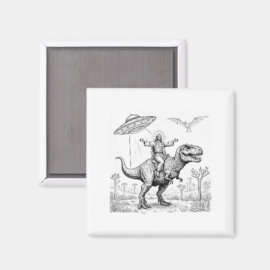 Jesus Riding Dinosaur T-rex Ufo Hunting Alien Sci- マグネット (正面/裏面)