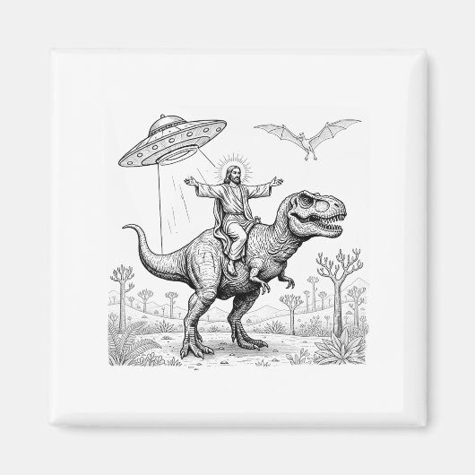 Jesus Riding Dinosaur T-rex Ufo Hunting Alien Sci- マグネット (正面)