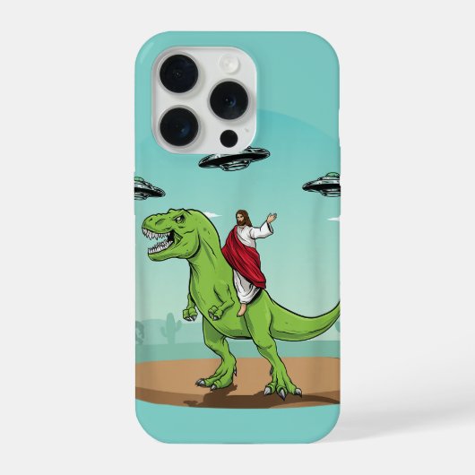 Jesus Riding Dinosaur UFO Alien Christian iPhoneケース (裏面)