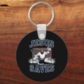 Jesus Saves Hockey Player Team God Hockey Lovers H キーホルダー (正面)