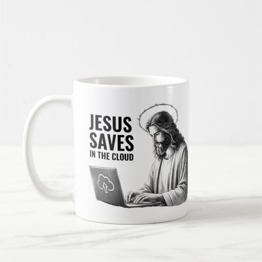 Jesus Saves in the Cloud - Funny Jesus Meme コーヒーマグカップ (左)