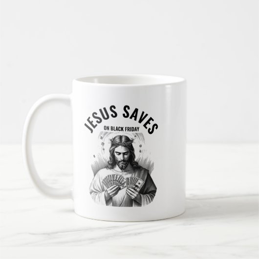 Jesus Saves on Black Friday - Funny Jesus Meme コーヒーマグカップ (左)