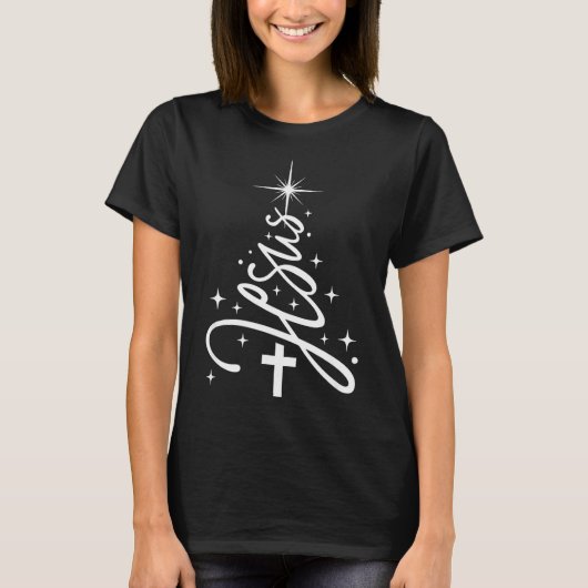Jesus Tree Christian Christmas Faith Snowflakes Cr Tシャツ (正面)