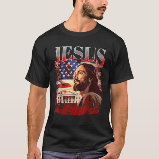 Jesus USAアメリカ愛国者ミーム90sブートレグラップのマー Tシャツ (正面)