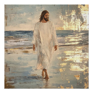Jesus walks on the water in white clothes ポスター