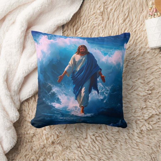 Jesus Walks on Water Throw Cushion クッション (ブランケット)
