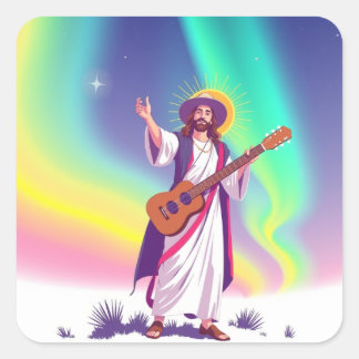 Jesus with Northern Lights, UFOs, Rainbows, Guitar スクエアシール