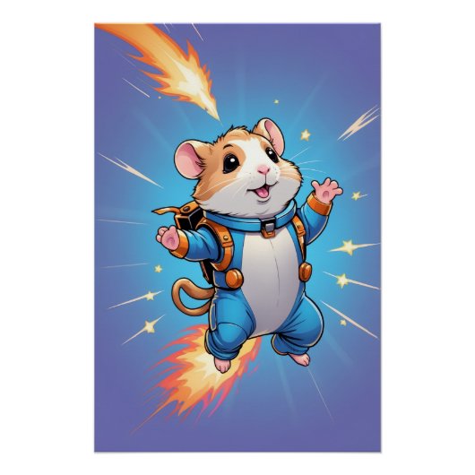 Jetpack Hamster Poster | Funny Cartoon Wall Art ポスター (正面)