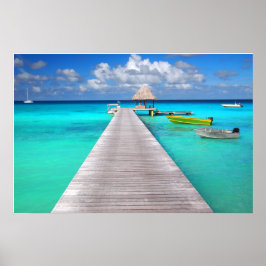 Jetty with boats in a tropical lagoon ポスター