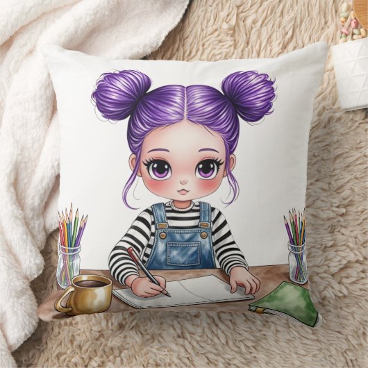 Jeune fille aux couettes violettes concentrée à so クッション (ブランケット)