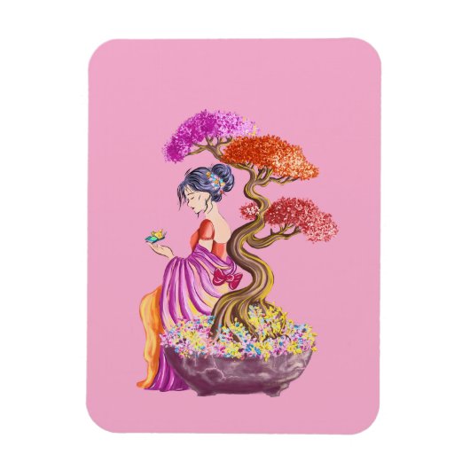 Jeune fille et son arbre japonnais géant. マグネット (縦)