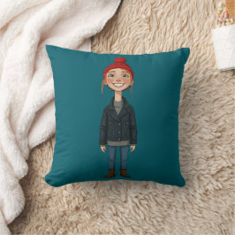 Jeune Fille Rousse Souriante avec Bonnet Rouge et  クッション