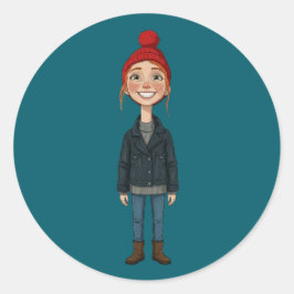 Jeune Fille Rousse Souriante avec Bonnet Rouge et  ラウンドシール