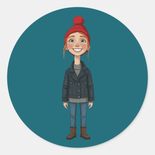 Jeune Fille Rousse Souriante avec Bonnet Rouge et  ラウンドシール (正面)