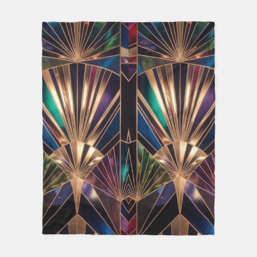 Jewel Tone Art Deco Multicolor Geometric Sunburst フリースブランケット (正面)