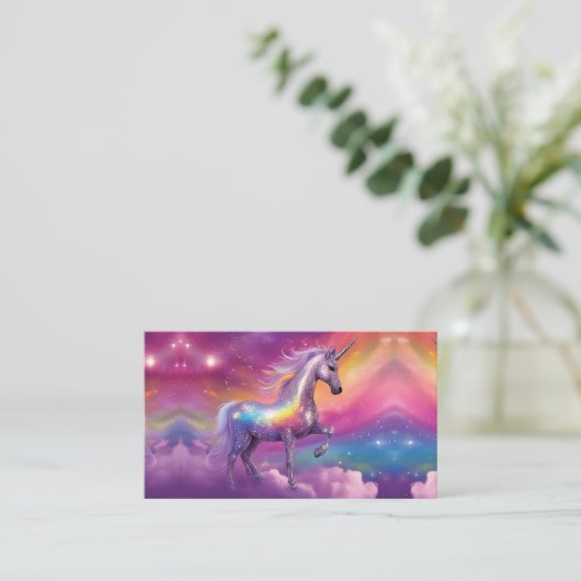 Jewel Tone Cosmic Sparkle Rainbow Glitter Unicorn 名刺 (スタンド正面)