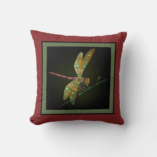 Jewel Tone Dragonfly Meets Mandala on Rust クッション (正面)