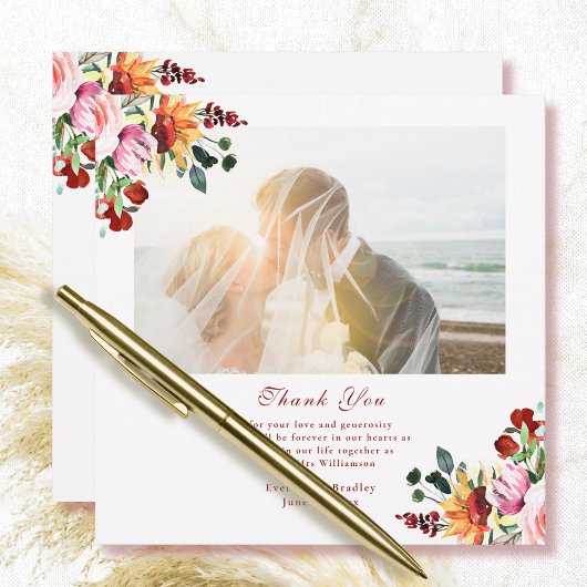 Jewel Tone Floral Sunflower Wedding Thank You Card 招待状