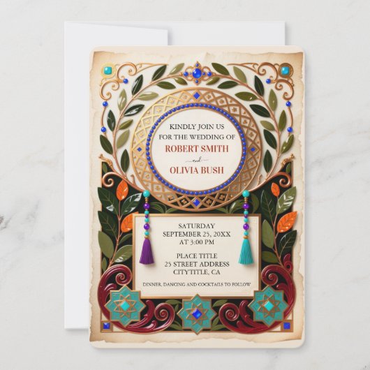 Jewel Tone Moroccan Wedding Invitation Gold 招待状 (正面)