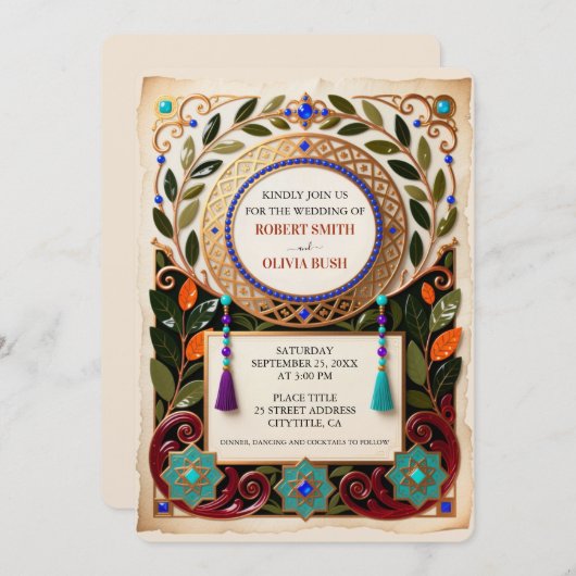 Jewel Tone Moroccan Wedding Invitation Gold 招待状 (正面/裏面)