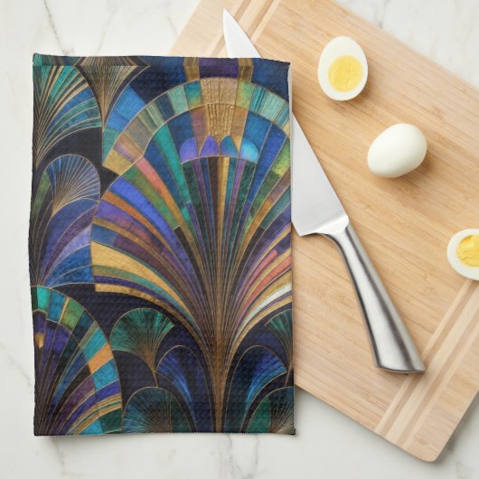 Jewel Tone Peacock Blue Purple Gold Art Deco キッチンタオル (四つ折り)