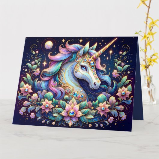 Jewel Toned Unicorn Floral Fantasy カード (黄色い花)