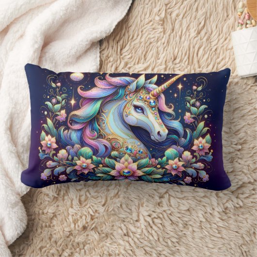 Jewel Toned Unicorn Floral Fantasy ランバークッション (ブランケット)