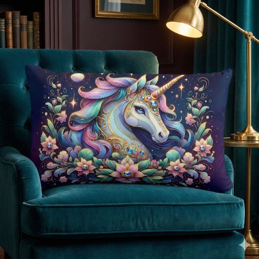 Jewel Toned Unicorn Floral Fantasy ランバークッション