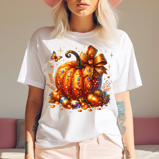 Jeweled Pumpkin With Gems and Bow Art T-Shirt トライブレンドＴシャツ