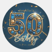 Jeweled Sapphire Blue and Gold 50th Birthday  ラウンドシール (正面)