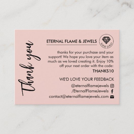 Jewelry Care White Chic Script Pink Thank You Card 名刺 (正面)