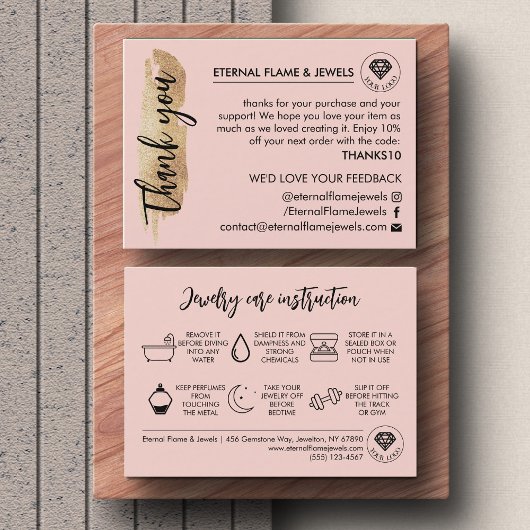 Jewelry Care White Chic Script Pink Thank You Card 名刺