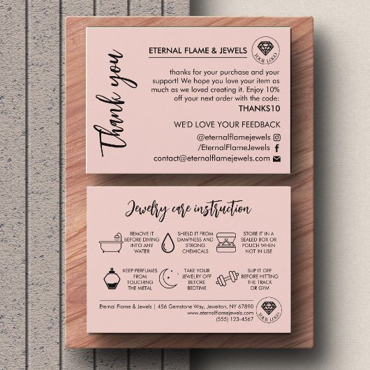 Jewelry Care White Chic Script Pink Thank You Card 名刺