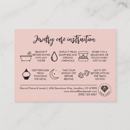 Jewelry Care White Chic Script Pink Thank You Card 名刺 (裏面)