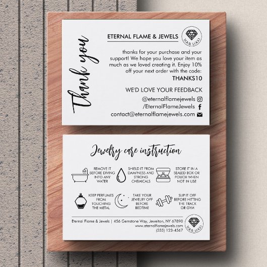 Jewelry Care White Chic Script Thank You Card 名刺