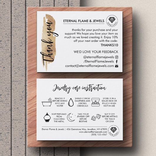 Jewelry Care White Chic Script Thank You Card 名刺