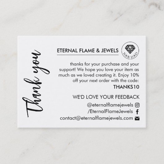 Jewelry Care White Chic Script Thank You Card 名刺 (正面)