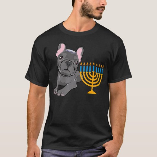 Jewish French Bulldog Frenchie Dog Menorah Hanukka Tシャツ (正面)