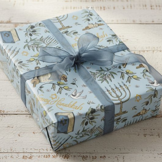 Jewish Happy Hanukkah Menorah & Olive Branches ラッピングペーパー