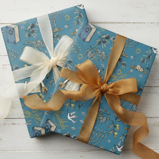 Jewish Happy Hanukkah Menorah & Olive Branches ラッピングペーパー