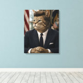 JFK 猫の肖像画 | おもしろい大統領の猫アート キャンバスプリント (インサイチュ (ウッドフロア))